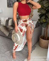 Elegant Two-Piece Women's Summer Dress Set with Ginkgo Print Strapless Short Top and Drawstring High Slit Casual Long Dress Set - Lootquake