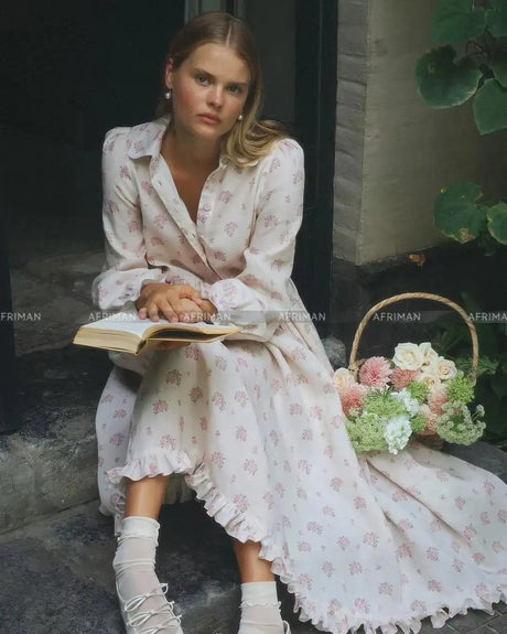 2025 New 100% Linen Flower Print Long Sleeve Tie Up Waist Loose Long Dress - Lootquake