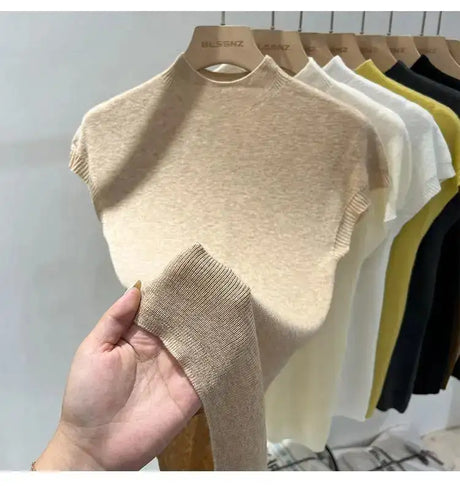 Half High Collar T-shirts Flying Sleeve Design Slim Knitted Sleeveless Top Women Simple Comfortable White T-shirts Summer 2025 - Lootquake