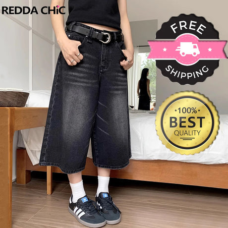 REDDACHiC Retro Y2k Baggy Jorts Women Men Whiskers Black Jeans Low Waist Casual Wide Pants Frayed Denim Shorts Big Size Clothes - Lootquake