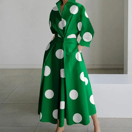 Autumn Dress Long Sleeve Dot Print Elegant Maxi Dresses For Women 2023 White Casual V Neck Shirt Party Long Dress Robe Femme - Lootquake