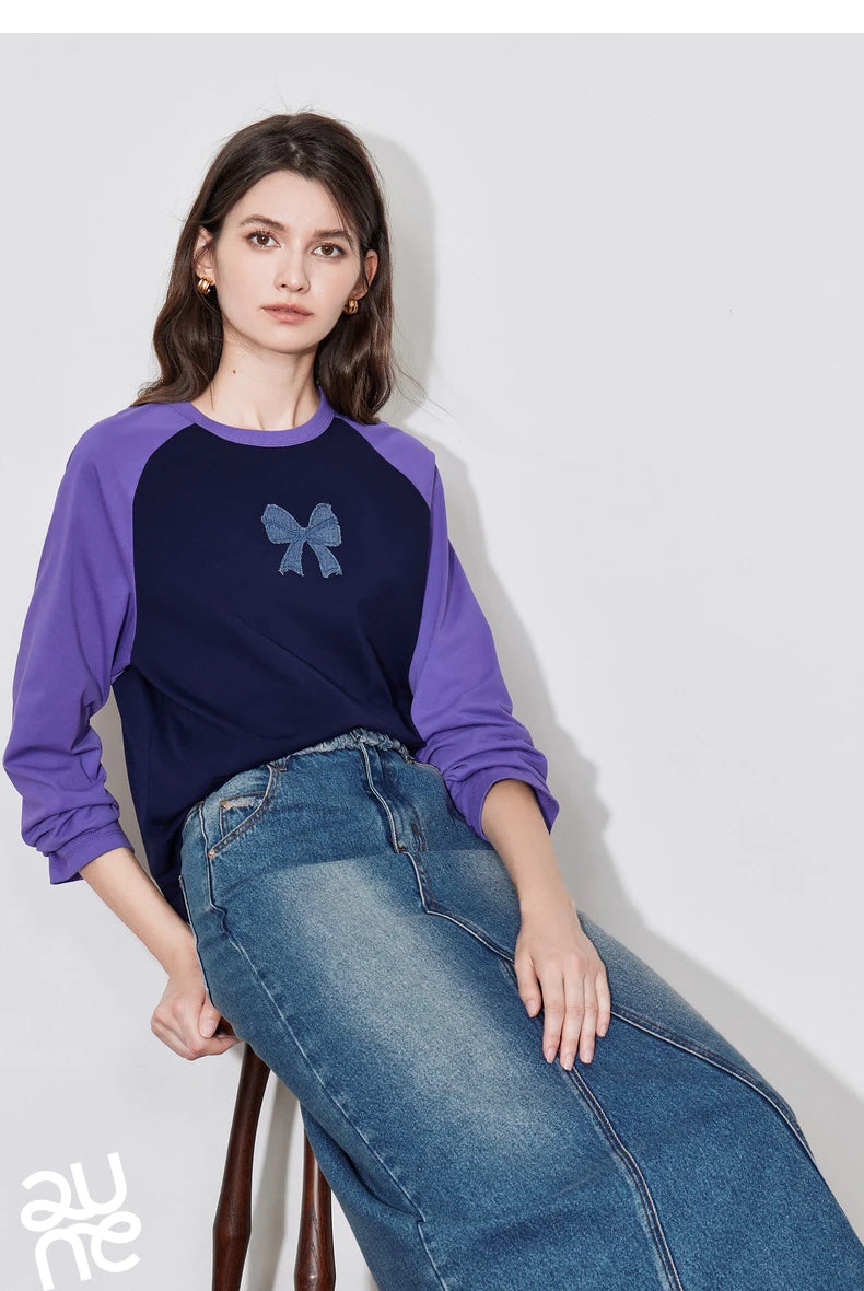 TOYOUTH Women T-shirt 2024 Autumn New Denim Bow Contrasting Color Raglan Sleeve Pullover Casual Tops