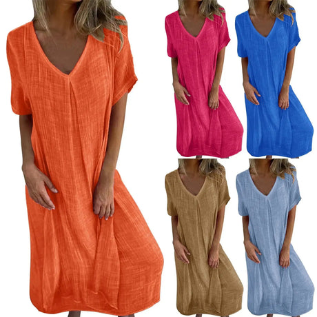Cotton Linen Short Sleeve Loose Dress 2024 Summer Women's V-neck High Waist Long Dress Vintage Solid Color Straight Beach Dress - Lootquake