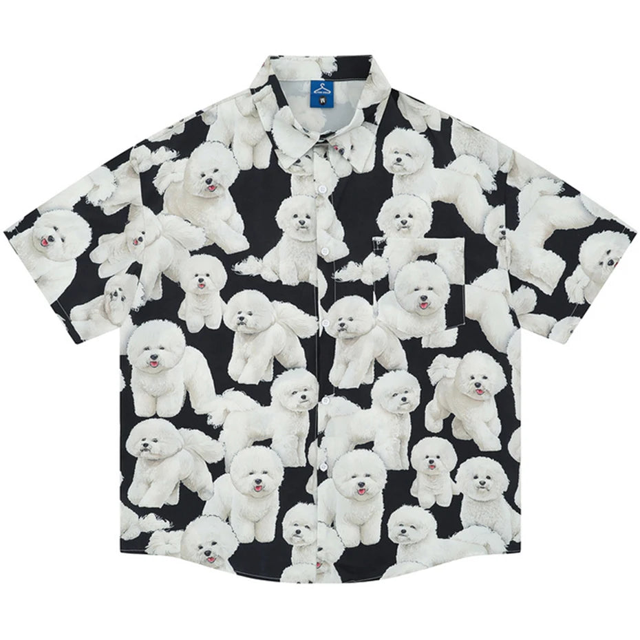 Dogs Graphic Shirts Mens Summer Casual Shirts Loose Short Sleeve Button Up Blouse Streetwear Harajuku Hip Hop Shirts for Male - Lootquake
