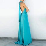 Women Dresses Solid Color Off Shoulder Backless Long Dress Neck Straps A-Line Beach Large Hem Dress Feminine Clothing - Lootquake