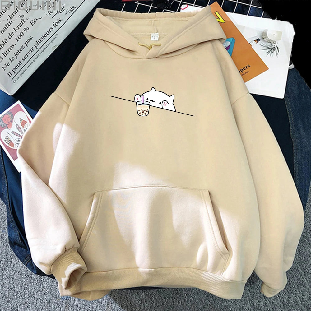 Bubble Tea Casual Pullover hoodie women Cartoon Female Hooded Clothes Plus Size Hoodies Kawaii Cat Boba Women fleece Sweatshirts - Lootquake