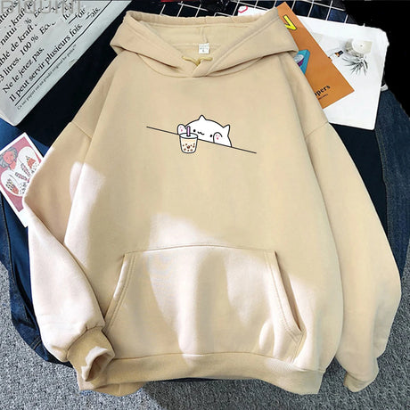 Bubble Tea Casual Pullover hoodie women Cartoon Female Hooded Clothes Plus Size Hoodies Kawaii Cat Boba Women fleece Sweatshirts - Lootquake