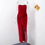 Elegant Velvet Knot Side Split Strapless Maxi Dress Women Back Bandage Off Shoulder Sleeveless Evening Long Dress Party Vestidos - Lootquake