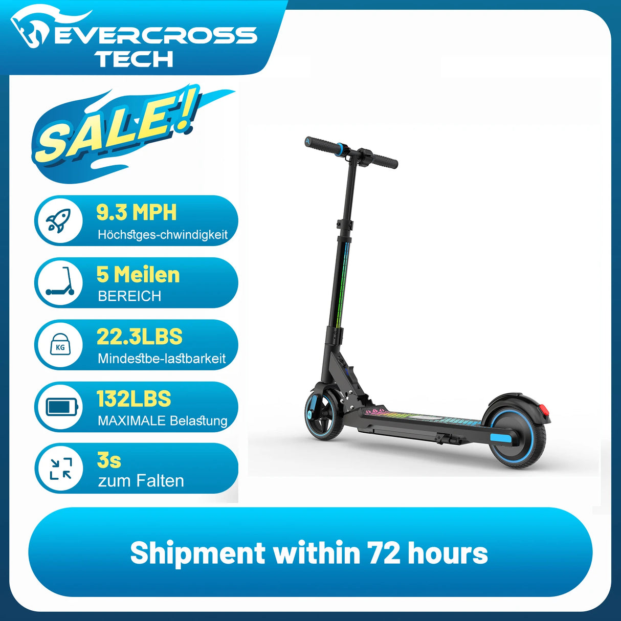 Trottinette électrique EVERCROSS TECH EV06C, pliable 6,5 pouces pour enfants de 6 à 12 ans, jusqu'à 15 km/h et 8 km, écran LED