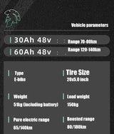 ZPW Black Warrior - Bicicleta eléctrica de carretera para adultos, 1500 W, 48 V, 60 Ah, 20 pulgadas, todoterreno, neumáticos anchos