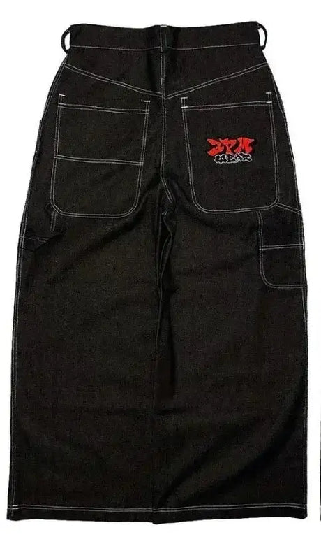 Y2K Pocket Fashion Embroidery Street Harajuku Gothic Retro High Waisted Loose Casual Jeans American Hip-hop Wide Leg Pants - Lootquake