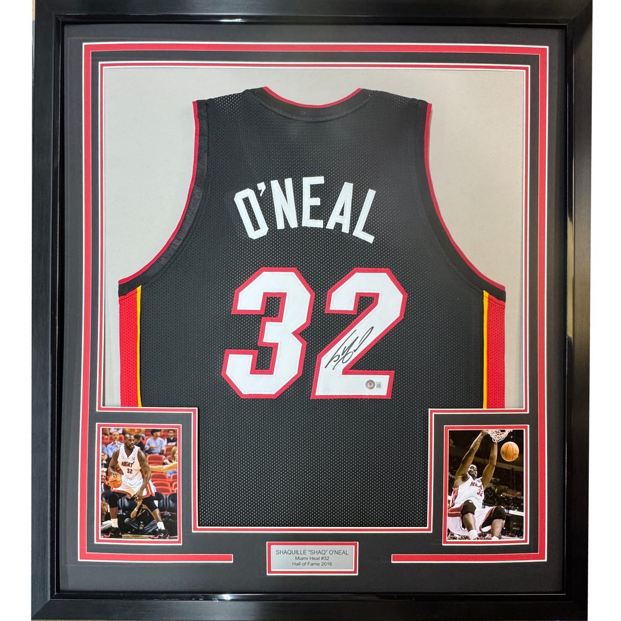 Camiseta de baloncesto negra de Miami, enmarcada, autografiada y firmada por Shaquille Shaq O'Neal, 35 x 39, Beckett BAS COA