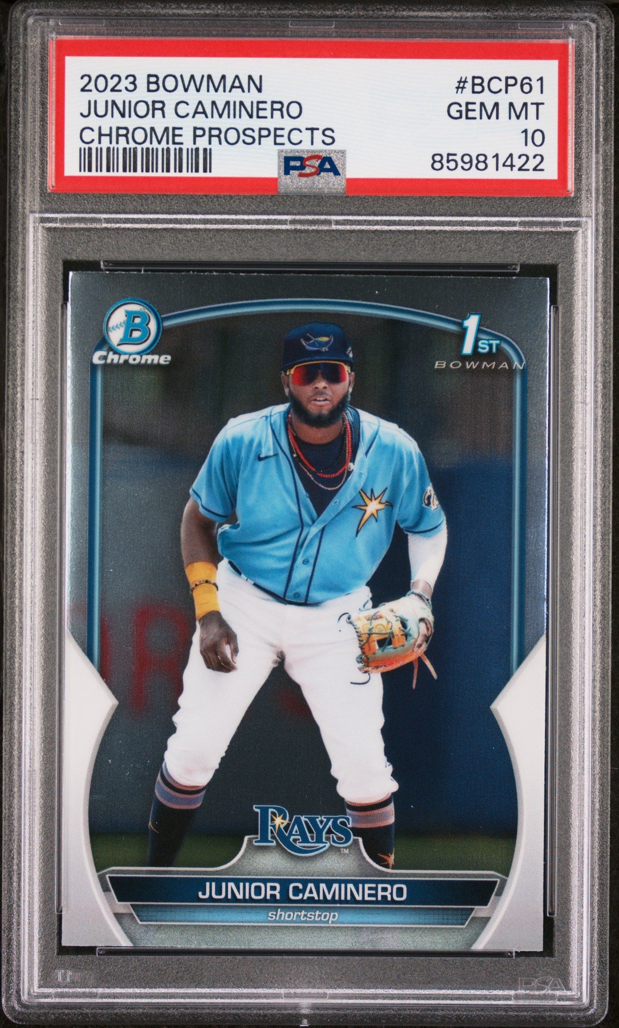 Tarjeta de béisbol Topps Bowman Junior Caminero #BCP61 Chrome Prospects Rookie RC PSA 10 Gem Mint, clasificada en 2023
