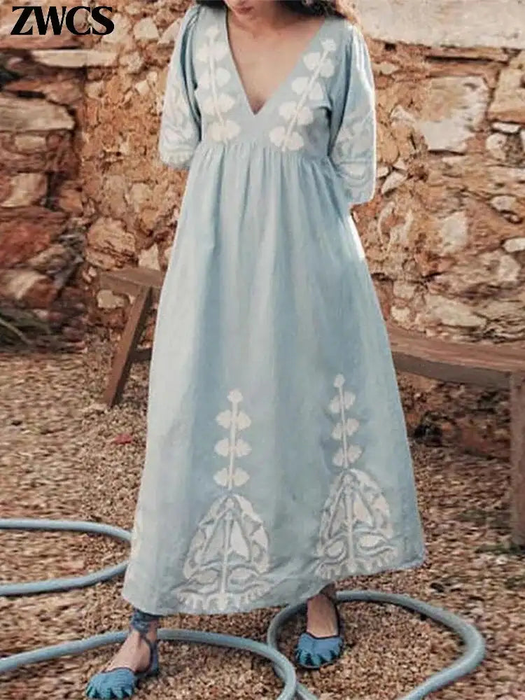 Elegant Print Half Puff Sleeve Dresses Women Loose V-neck Lace Up Backless Long Dress 2024 Summer New Ladies Chic Beach Robes - Lootquake