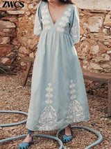 Elegant Print Half Puff Sleeve Dresses Women Loose V-neck Lace Up Backless Long Dress 2024 Summer New Ladies Chic Beach Robes - Lootquake