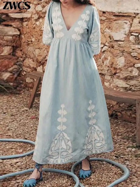 Elegant Print Half Puff Sleeve Dresses Women Loose V-neck Lace Up Backless Long Dress 2024 Summer New Ladies Chic Beach Robes - Lootquake