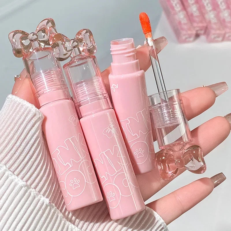 Cute Bow Water Mirror Lip Glaze Peach Pink Lipstick Liquid Moisturizing Non-stick Lip Gloss Makeup Sexy Red Lip Tint Cosmetics