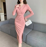 Women Pink Pleated Bodycon Formal Long Dress Autumn Winter Long Sleeve Chic Suit Dress 2025 Korean Fashion Elegant Party Dresses - Lootquake