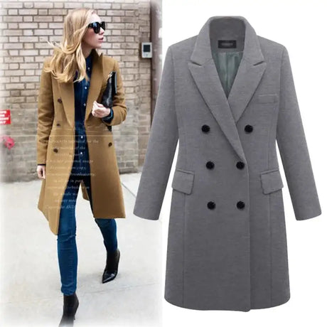 Autumn Winter Women's Woolen Jacket Long Windbreaker Double Breasted Slim Fit Coat - Lootquake