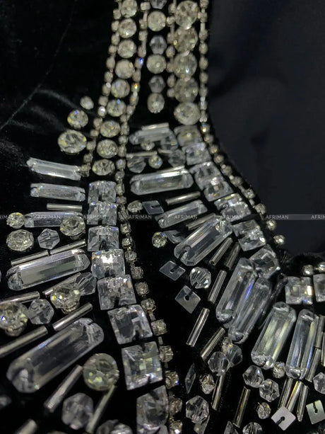 Women Heavy Rhinestone Bead Sexy Backless High Neck Waist Bag Hip Slimming Velvet Long Dress - Lootquake