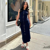 Fashion Knitted Long Dress For Women Elegant Sleeveless Button Maxi Sweater Bodycon Dresses Female Party Fashion Vestidos 2024 N - Lootquake