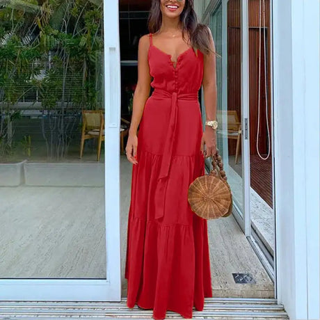 Elegant and Sexy Summer Women's V-neck Beach Dress with High Waist Waist Waist Waist Belt and Sling Long Dress for Party - Lootquake