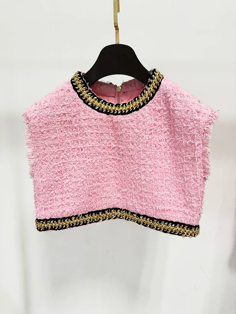 HIGH STREET Newest 2024 Runway Designer Fashion Women's Sleeveless Metal Chains Embellished Tweed Vest Cropped Tank Top - Lootquake