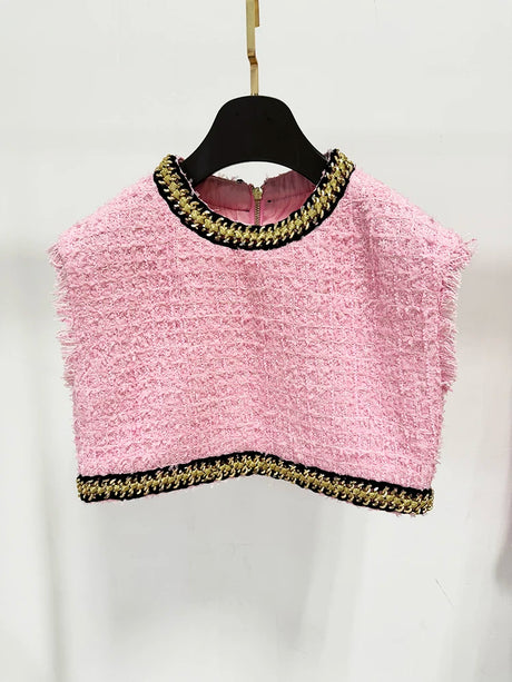 HIGH STREET Newest 2024 Runway Designer Fashion Women's Sleeveless Metal Chains Embellished Tweed Vest Cropped Tank Top - Lootquake