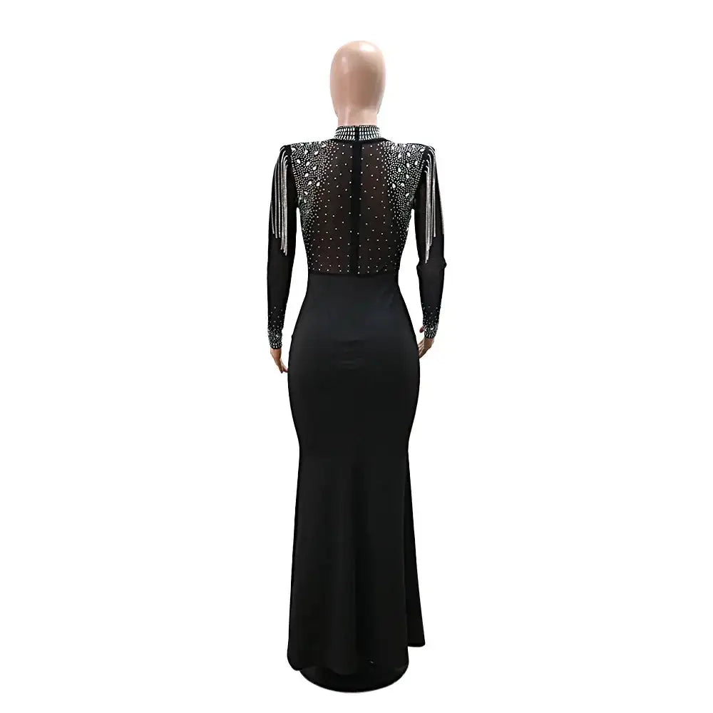 CM.YAYA Vestido largo de sirena con diamantes de imitación y manga larga transparente para mujer, de malla transparente, sexy, para fiesta de noche o otoño