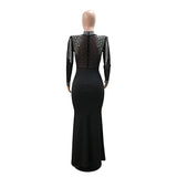 CM.YAYA Vestido largo de sirena con diamantes de imitación y manga larga transparente para mujer, de malla transparente, sexy, para fiesta de noche o otoño