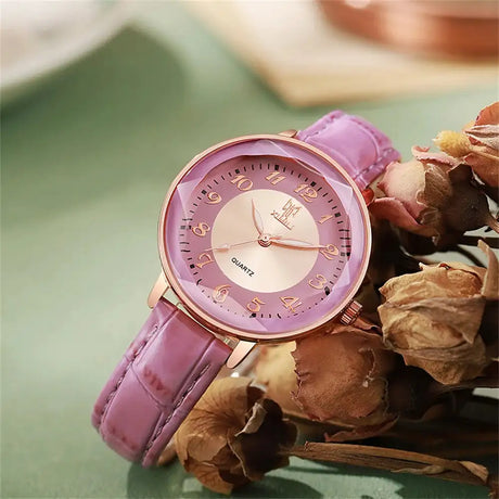 Women's Watch Simple Arabic Numerals Quartz Watch Fashionable Pink Leather Lady Business Clock Wristwatch - Lootquake