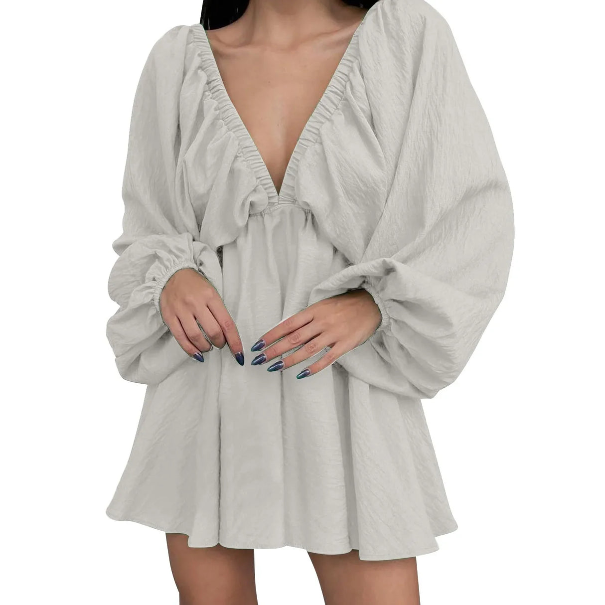 Deep V Neck Sexy Dress Temperament Retro Solid Color Pleated Dress Elegant Long Sleeve Large Size Casual Womens Dresses ropa