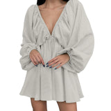 Deep V Neck Sexy Dress Temperament Retro Solid Color Pleated Dress Elegant Long Sleeve Large Size Casual Womens Dresses ropa