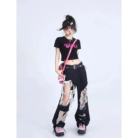 Women's Gothic Black Jeans High Waist Vintage Korean Fashion Y2k Streetwear Ripped Pants Harajuku Casual Wide Leg Denim Trousers - Lootquake
