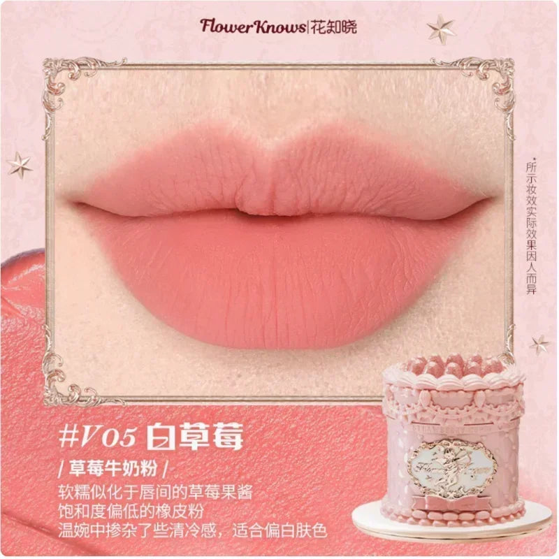Crema labial Flower Knows Strawberry Cupid Cake, barra de labios hidratante mate, maquillaje de labios suave y sedoso, cosméticos profesionales.
