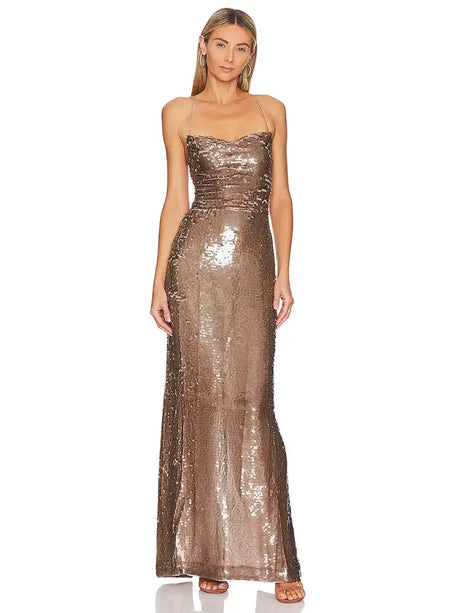 New Sexy Sleeveless Backless Lace-up Slim Long Dress Summer Elegant Pleated Backless Bright Sequins Dress Luxury Evening Dresses - Lootquake