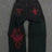 Y2K Retro Blue Slim Jeans Harajuku Hip Hop Rhinestone Cross Graphic Embroidered Jeans Gothic Low Waist Trousers Womens Clothing - Lootquake