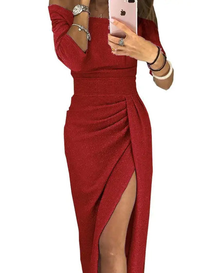 Slit Slash-neck Dress Women Sparkling Slim Long Dress Summer Korean Fashion Dinner Dress Bodycon Solid  Women Dresses Vestidos - Lootquake