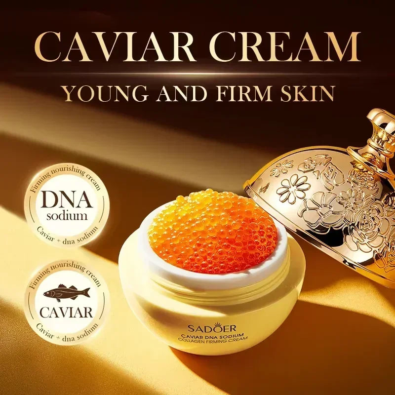 Crema facial antiarrugas con colágeno, perla, reafirmante, caviar, ADN, colágeno sódico, hidratante, suavizante y aclarante. Producto para el cuidado de la piel.