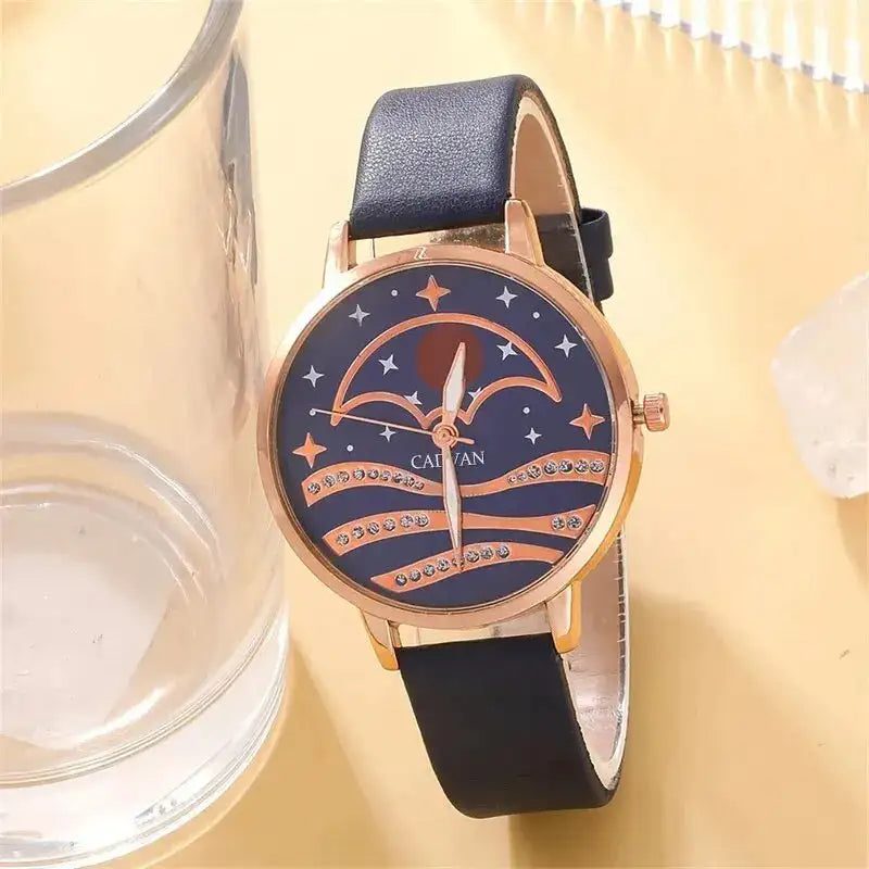 5pcs Set Women Fashion Quartz Watch Female Clock Moon Dial Luxury Brand Design Women Watches Simple Ladies Watches - Lootquake