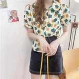 Women Summer Korean Casual Printing Chiffon Loose Polo-Neck Short Sleeve Blouse Women Clothes Sweet All-match Floral Top Tee - Lootquake