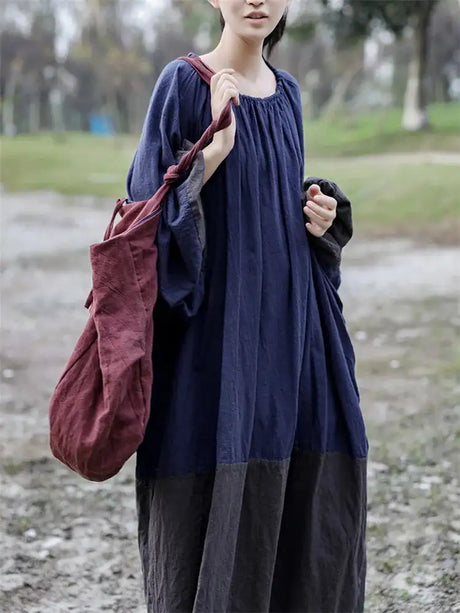 Oversized Spring New Women Big Size Robe Dress Korea Casual Loose Ladies Pullover Cotton Linen Dresses Woman Blue Long Dress - Lootquake