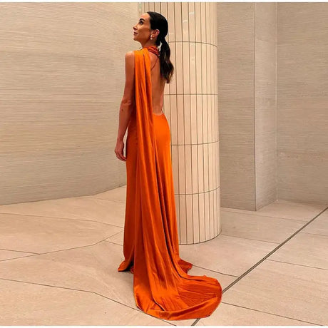 Elegant Satin Halter Slim Long Dress With Scarf Women New Sexy Backless Sleeveless Maxi Dresses Summer Lady Party Chic Vestidos - Lootquake