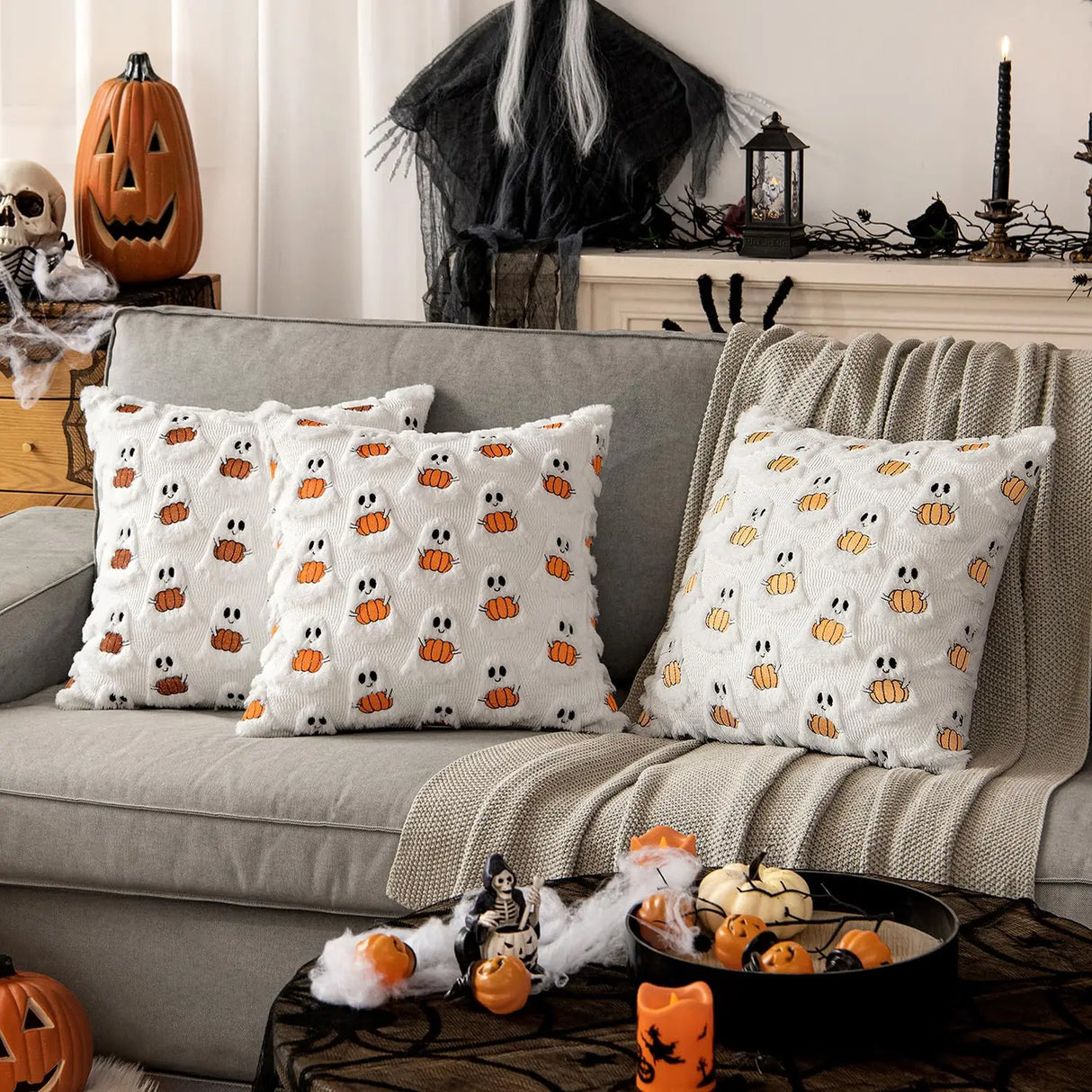 Halloween Decor for Bedroom Bed Living Room Sofa Cushion Cover White45X45CMCute Ghost Pumpkin Plush Faux Fur Pillow Covers Soft
