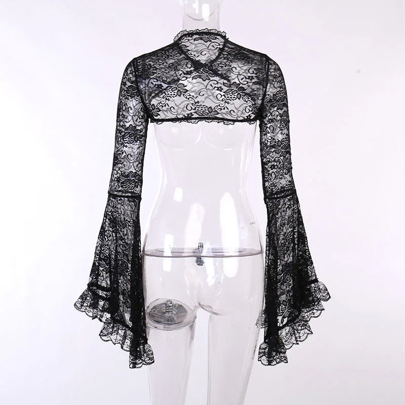 Lace Shrugs Sheer Crop Tops Long Bell Sleeves Cardigan Women Dark Gothic Wedding Punk Sexy Crochet Bolero Cover Up Shirt - Lootquake
