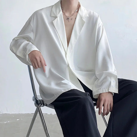 Black White Long Sleeved Shirt Men Oversized Social Mens Dress Shirt Korean Loose Ice Silk Shirt Mens Office Formal Shirts M-XL - Lootquake