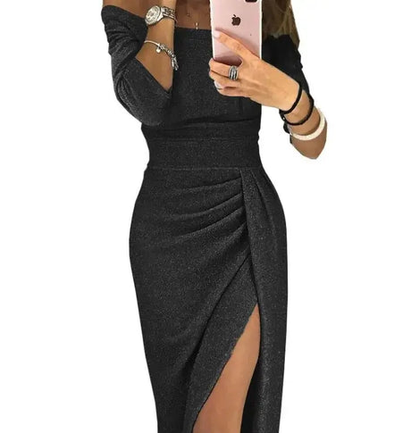 Slit Slash-neck Dress Women Sparkling Slim Long Dress Summer Korean Fashion Dinner Dress Bodycon Solid  Women Dresses Vestidos - Lootquake