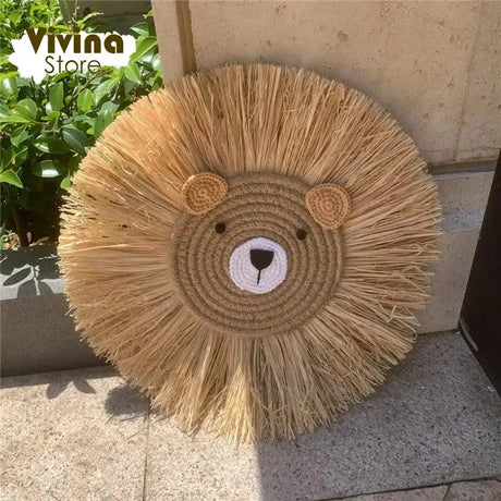 Nordic Hand Woven Lion Wall Hanging Ornaments Cartoon Animal Head Straw Weaving Children Room Wall Decor Tent Party Decoration - Lootquake