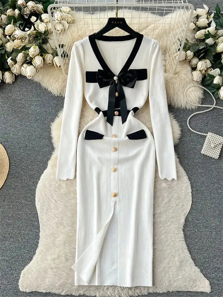 SINGREINY Office Lady Sweater Long Dress 2023 Bow Single Breasted Elastic Split Women Autumn Dress Fashion Senior Knitted Dress - Lootquake