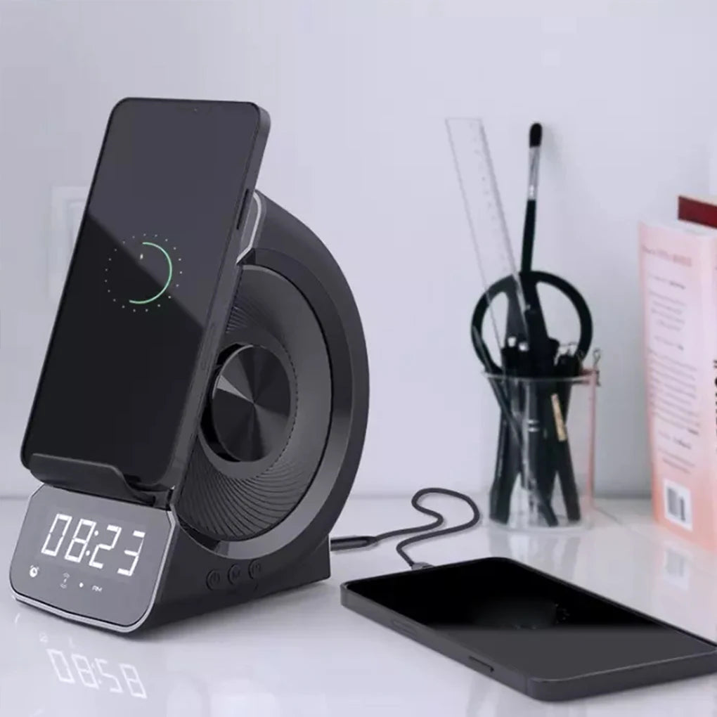 Altavoz Bluetooth inalámbrico 3 en 1, altavoz portátil de moda para exteriores con pantalla LED, despertador y cargador rápido.